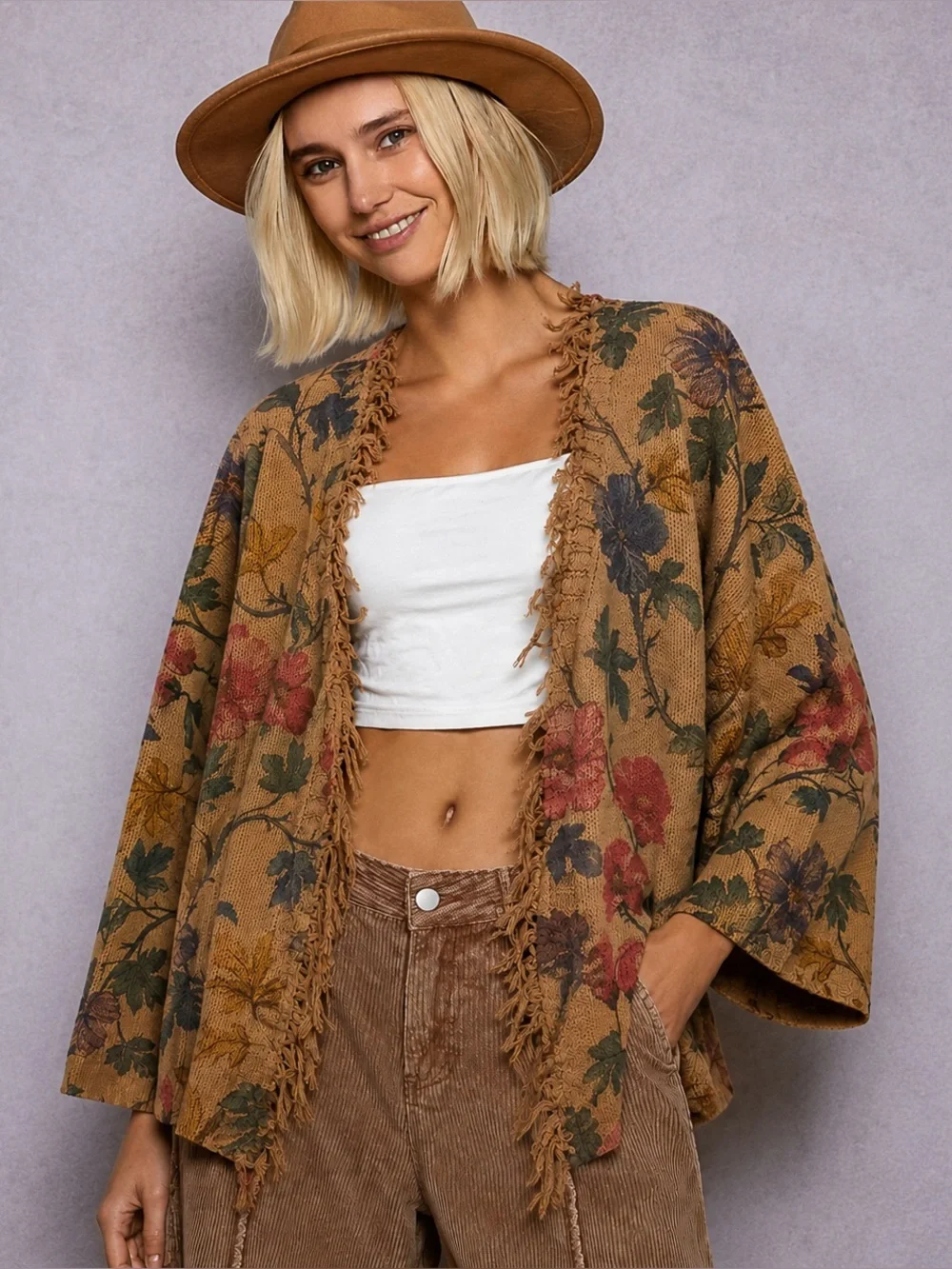 POL Floral Print Fringe Open Cardigan Boho Cottagecore Oversized Sweater L